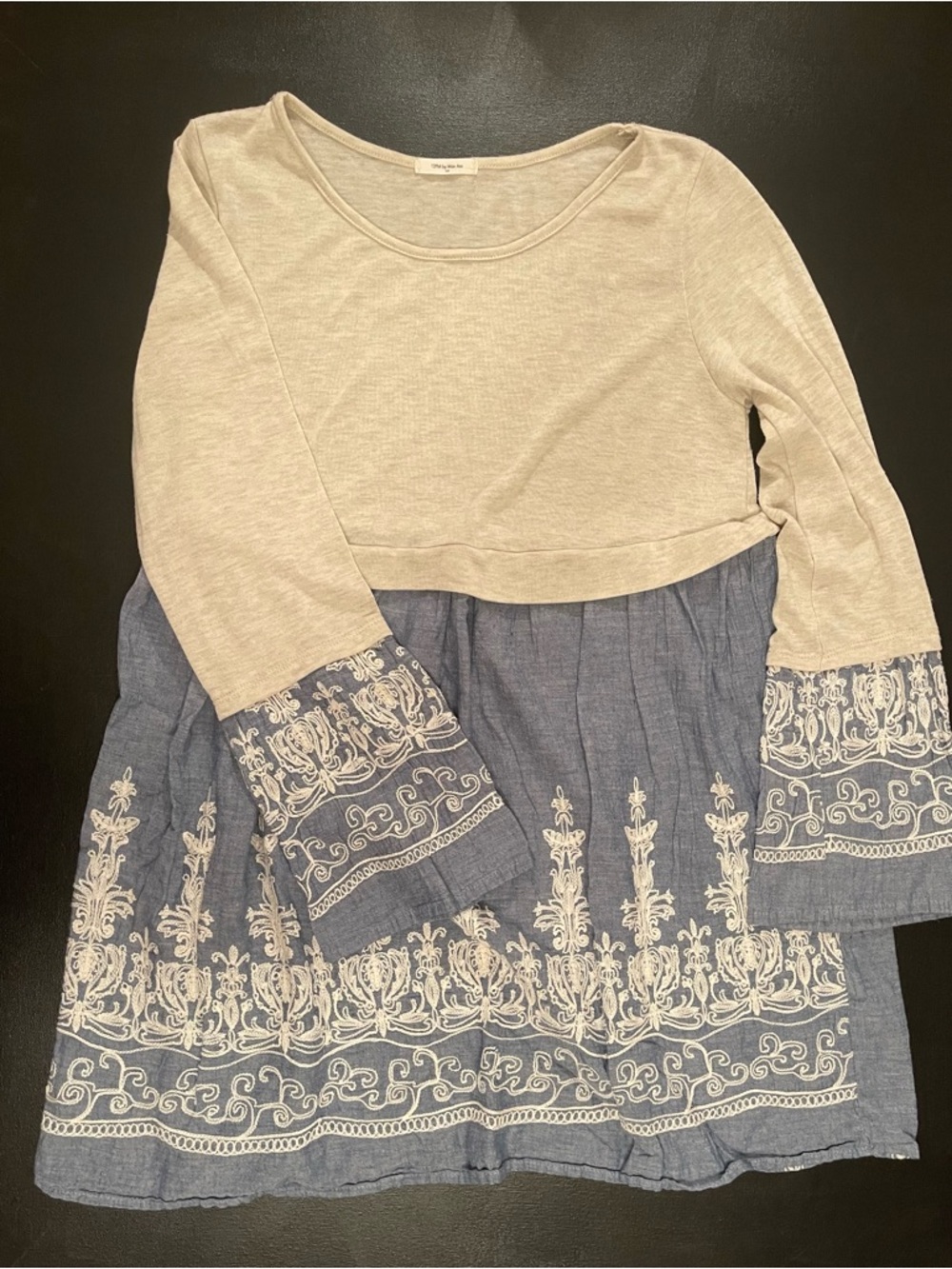 12 Pm By Mon Ami Cream Top with Blue Embroidered Hem Long-Sleeve Dress